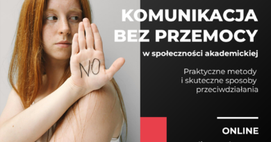 Plakat promujący dwuczęściowe webinarium pt. „Komunikacja bez przemocy w społeczności akademickiej”. Spotkania odbędą się online 13 i 27 listopada 2024 r. w godzinach 17:00-18:30.