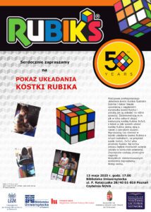 Plakat promujący pokaz układania kostki Rubika