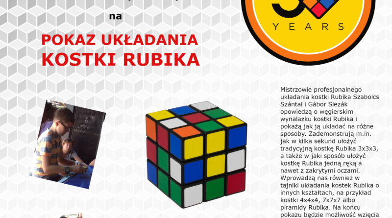 Plakat promujący pokaz układania kostki Rubika