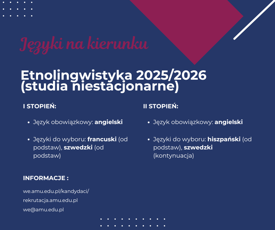 Grafika przedstawia informacje o planowanych językach (obowiązkowych i do wyboru) na kierunku Etnolingwstyka (studia niestacjonarne) w roku akademickim 2025/2026.