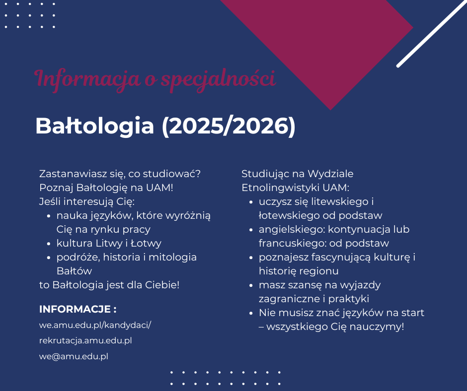 Na niebieskim tle informacja o specjalności Bałtologia.